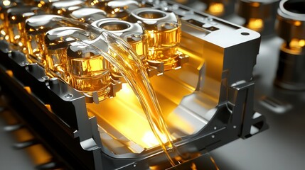 A detailed 3D illustration of an open engine block, showing lubricant oil being applied to pistons, with realistic light reflections on the metal surfaces and the flowing oil