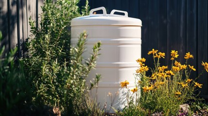 White Container Surrounded by Green Plants and Yellow Flowers in Bright Natural Light, Displaying a Harmonious Garden Scene with Lush Vegetation