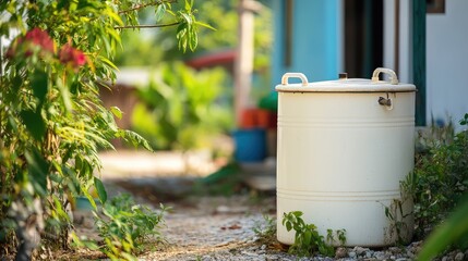 Outdoor View of a White Metal Barrel Surrounded by Greenery Near a House in a Natural Setting, Evoking a Sense of Tranquility and Simplicity