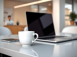 White coffee cup with laptop computer on office table for business concept, in clean office.