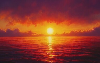 Obraz premium Golden Sunset Over Ocean: A breathtaking view of the sun setting over the ocean, with vibrant orange, red, and purple hues reflecting off the calm water --