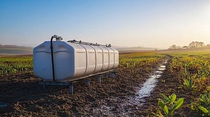 Obraz premium Tank for irrigation storage on a field during sunrise, showcasing agriculture and farming technology amidst nature’s serene landscape and crops growing in the background