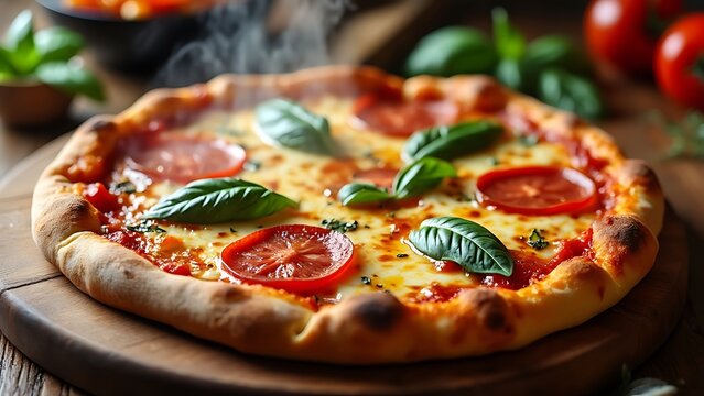Hot Yummy Delicious Pizza Food, isolated pizza on a board in resturant.