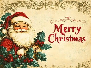 Vintage Santa Claus with Holly Berries, Merry Christmas Greeting, Retro Style Holiday Card Illustration, Festive Cheer, Joyful Spirit of the Season