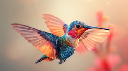 Fototapeta premium Vibrant hummingbird in flight, wings outstretched, near flowers.