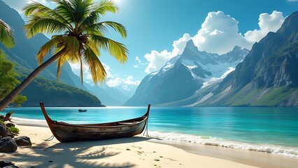 A boat on the beach  with coconut palm Tree, beautiful nature view landscape wallpaper background.
