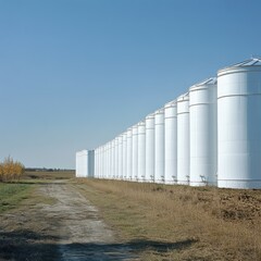 Obraz premium Row of Silos Stands Tall Against a Clear Blue Sky on a Rural Landscape, Representing Agriculture and Storage Solutions for Crops and Grains