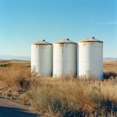 Obraz premium Vintage White Silos in Open Landscape Against a Clear Blue Sky, Highlighting Rural Agriculture and Industrial Architecture in a Serene Environment