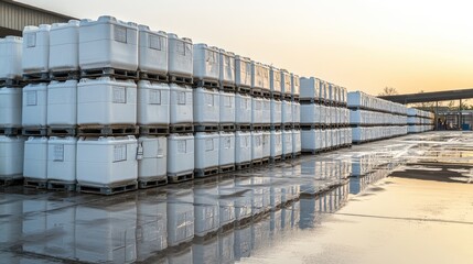 Fototapeta premium Stacked Industrial Containers at Sunset in a Warehouse Yard, Reflecting Light on Wet Ground in a Tranquil Setting for Commercial Use