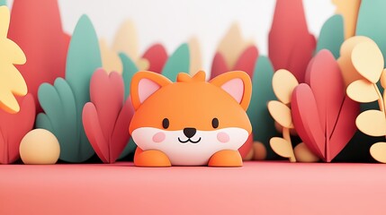 Charming cartoon-style fox figurine stands against backdrop of colorful abstract foliage. its bright orange and white colors evoke whimsical, child-friendly atmosphere perfect for playful themes.