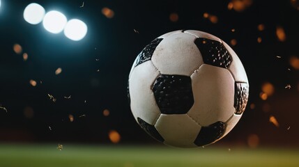 Fototapeta premium Close-up of classic black and white soccer ball suspended in mid-air, surrounded by blurred stadium lights. glossy surface reflects light, enhancing the dynamic sports atmosphere.