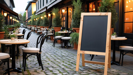 blank blackboard restaurant shop sign or menu board near the entrance, providing a clean and versatile space for showcasing daily specials or promotions in a welcoming setting