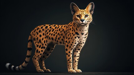 Naklejka premium ** Stunning Portrait of a Majestic Serval Cat with Striking Spots and Ears Against a Dark Background..**