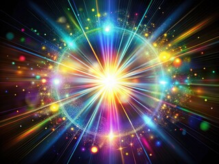 Abstract Sun Burst with Digital Lens Flare Effects on Black Background for Creative Overlay Designs