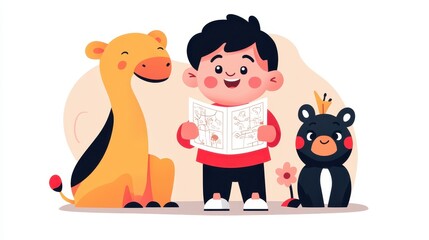 Joyful young boy holds an open coloring book, surrounded by smiling yellow giraffe and playful black bear. cream-toned background enhances the playful scene, capturing childhood joy and creativity.