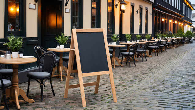 blank blackboard restaurant shop sign or menu board near the entrance, providing a clean and versatile space for showcasing daily specials or promotions in a welcoming setting