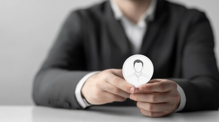 Professional holding a person icon on paper.