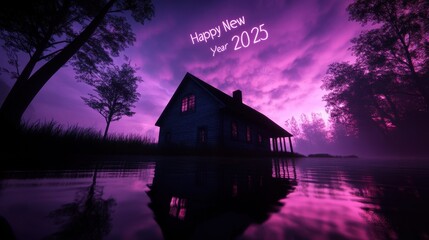 Obraz premium Tranquil nighttime scene dark blue house reflected in still waters, framed by lush trees. vivid purple and pink hues create mystical ambiance, adorned with happy new year 2025 in whimsical font.