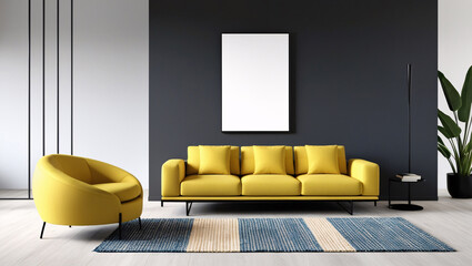 blank frame mockup in a dark interior room with bright yellow furniture, creating a striking contrast between the frame and vibrant decor, perfect for showcasing artwork or promotional content