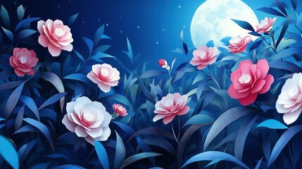 A meadow of paper cut camellias under the moonlight, with detailed cuts to showcase the glossy leaves and elegantly layered petals reflecting the moona??s rays.