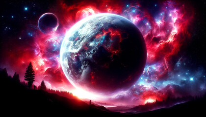 Fototapeta premium An eerie blood moon hovers over a misty forest against a backdrop of vibrant reds. The mystical scene evokes otherworldly feelings and atmospheric depth.