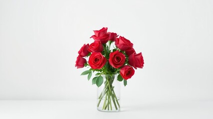 Obraz premium Beautiful bouquet of red roses in a delicate glass vase on a minimalist background, refinement, sophistication, perfumery
