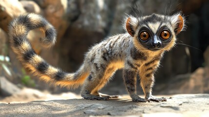 Obraz premium Adorable Wide-Eyed Lemur in Natural Habitat with Striped Tail and Curious Expression