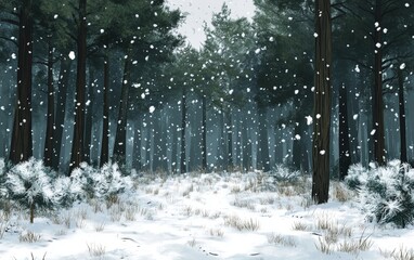 Naklejka premium Snowfall in the Forest: A serene winter scene of large snowflakes falling gently in a dense pine forest, with the ground covered in a pristine white blanket of snow 