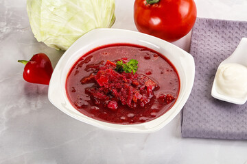 Borsch soup with cabbage and beetroot