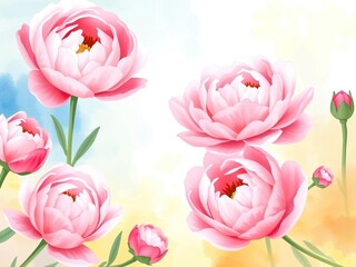 Fototapeta premium Soft pink peonies in a watercolor style surrounded by gentle blue and yellow hues, pastel flowers, abstract floral