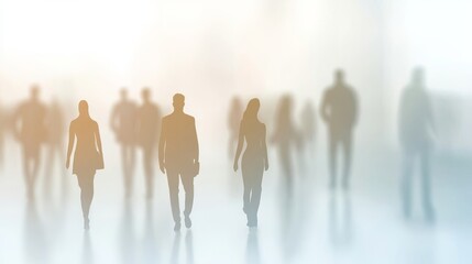 Silhouetted figures walking in a blurred scene.