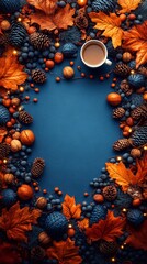 A dark blue background creates a cozy autumn scene with a cup of coffee surrounded by natural elements. Pine cones, yellow leaves, walnuts and acorns add beauty to the composition.