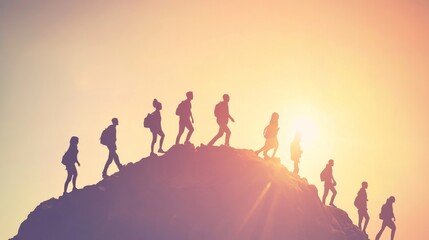 Silhouetted hikers climbing a mountain at sunset.