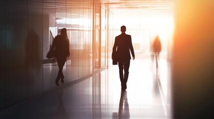 Fototapeta premium Silhouetted professionals in a modern office setting.