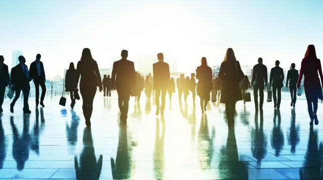 Silhouetted professionals walking at sunrise.