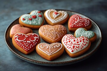 Beautiful gingerbread cookies for Valentine's Day, elegantly packaged with care. Heart-shaped cookies decorated with intricate icing patterns that show love