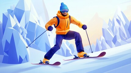 Fototapeta premium Skier navigating snowy slopes in vibrant scenery.