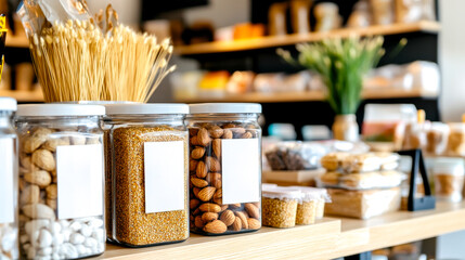 A vibrant display of jars filled with various nuts and grains, set against a backdrop of neatly arranged natural food products.