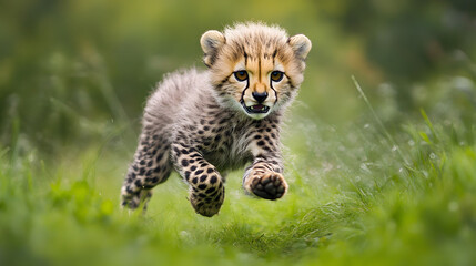 Obraz premium A baby cheetah practicing sprinting in the grasslands, developing speed and agility for hunting.