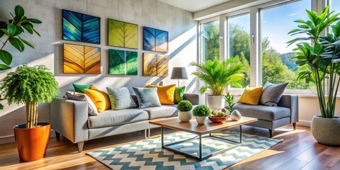 Fototapeta premium Bright and Modern Living Room with Geometric Artwork and Lush Plants for a Tranquil Atmosphere