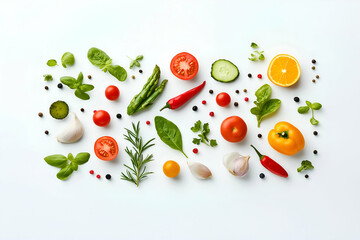 A vibrant arrangement of fresh vegetables and herbs, showcasing a variety of colors and textures on a clean white background.