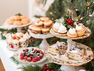 Obraz premium Festive Dessert Table Display with Pastries, Cakes, and Berries Amidst Holiday Decorations and Greenery for Celebrations and Gatherings