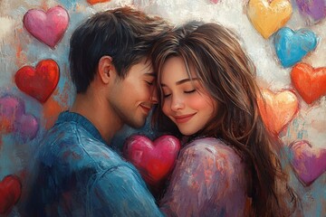 A happy couple celebrating Valentine's Day by radiating love with looks and tender touches to each other. The atmosphere is filled with warmth and devotion