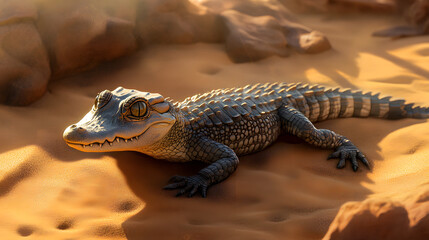 Fototapeta premium A baby crocodile basking in the sun, learning to regulate its body temperature for survival.