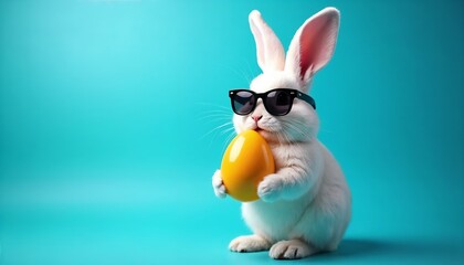 Cool white rabbit wearing sunglasses holding a yellow Easter egg against a turquoise background