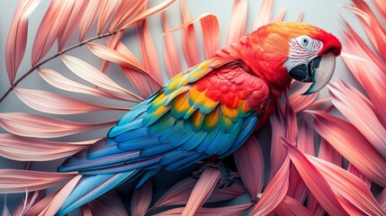 Fototapeta premium Vibrant scarlet macaw parrot among pink tropical leaves.