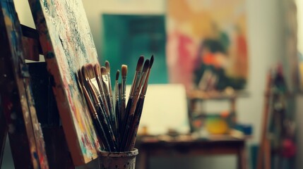 Fototapeta premium A vibrant painting workshop in an urban art studio, Paintbrushes and canvases arranged creatively, Artistic creation style