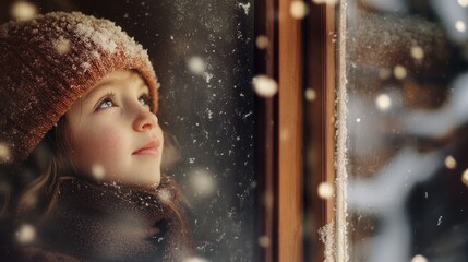 Young Girl Gazing Out Window During Winter Snowfall