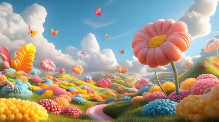 Vibrant floral landscape with butterflies fantasy realm digital art bright colors whimsical viewpoint nature's beauty unleashed