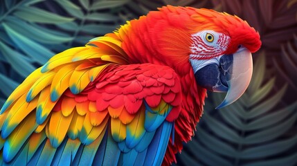 Obraz premium Vibrant scarlet macaw parrot profile against dark foliage.